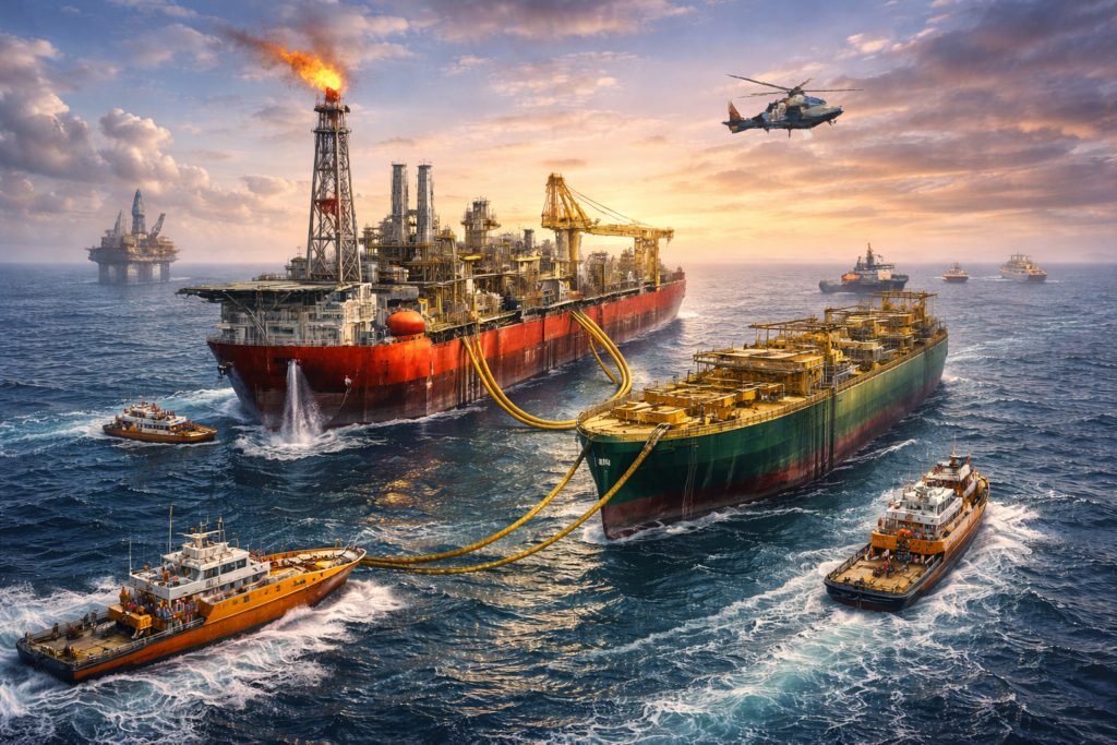 Busy offshore oil operation at sunset