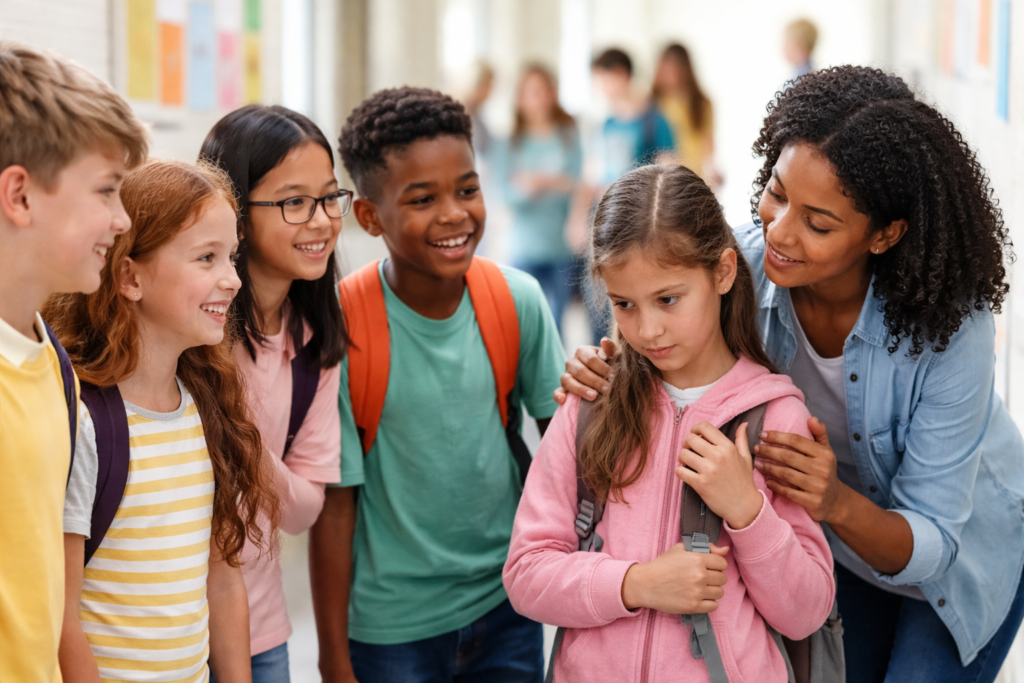 Caring teacher in bright school hallway