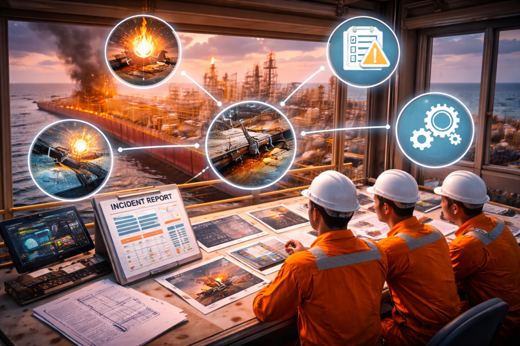 Engineers assess emergency report in control room