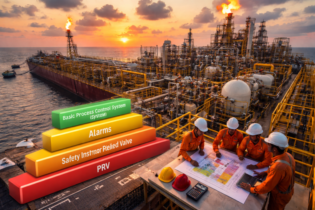 Engineers assessing offshore platform safety at sunset