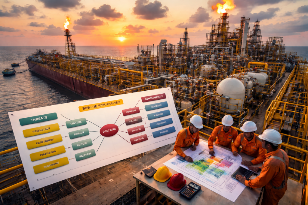 Engineers discussing risk analysis on FPSO