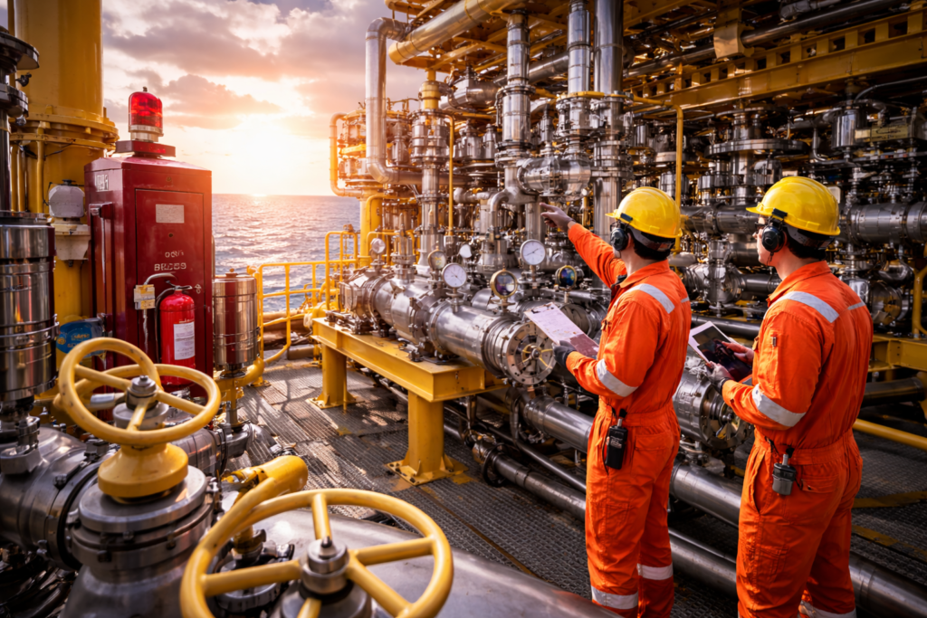Engineers inspecting safety on offshore platform