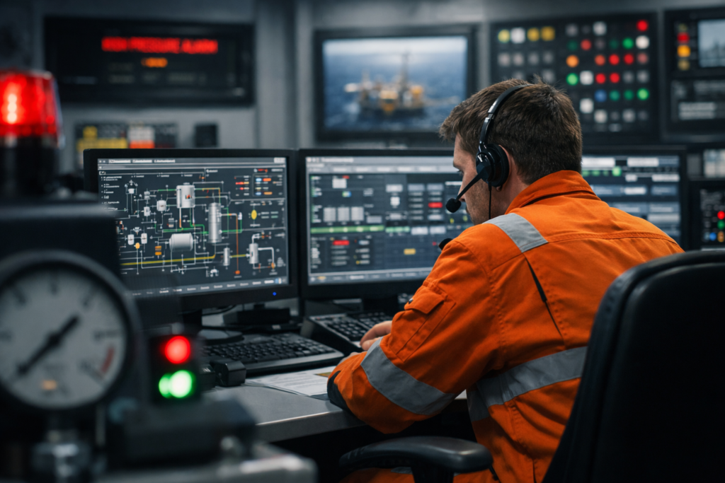 Industrial control room operation in focus