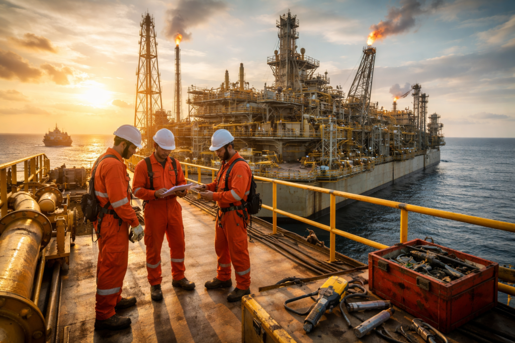 Offshore FPSO crew at sunset