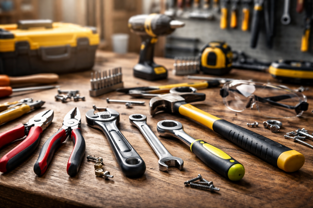 Organized workshop tools on workbench