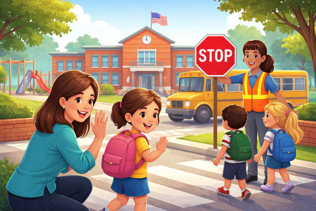 Sunny school morning farewell scene