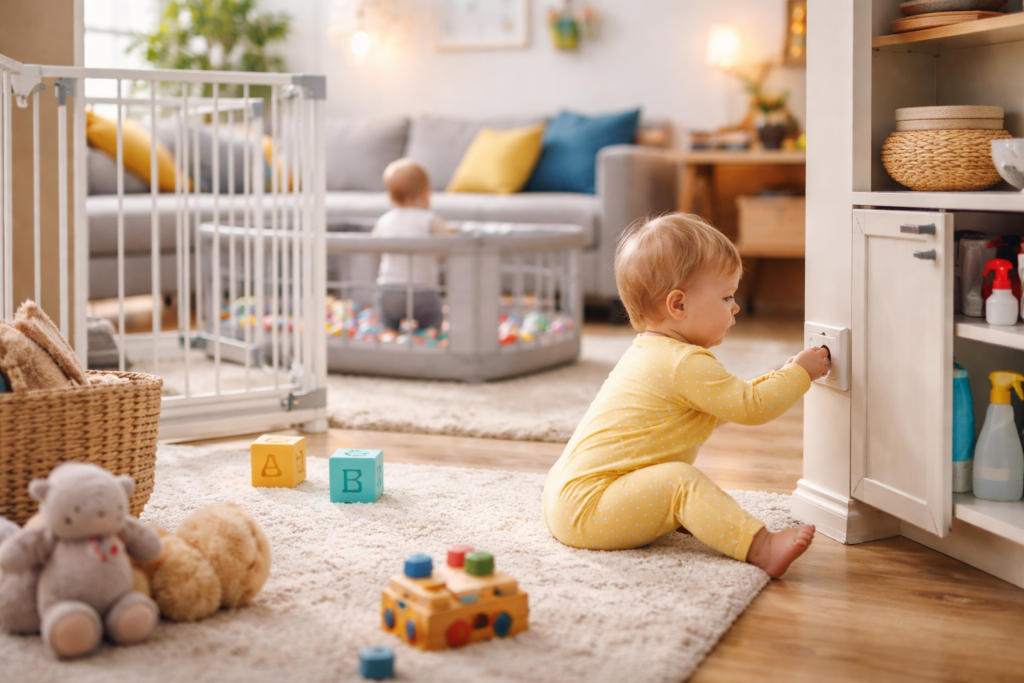 Toddler exploring a bright playroom