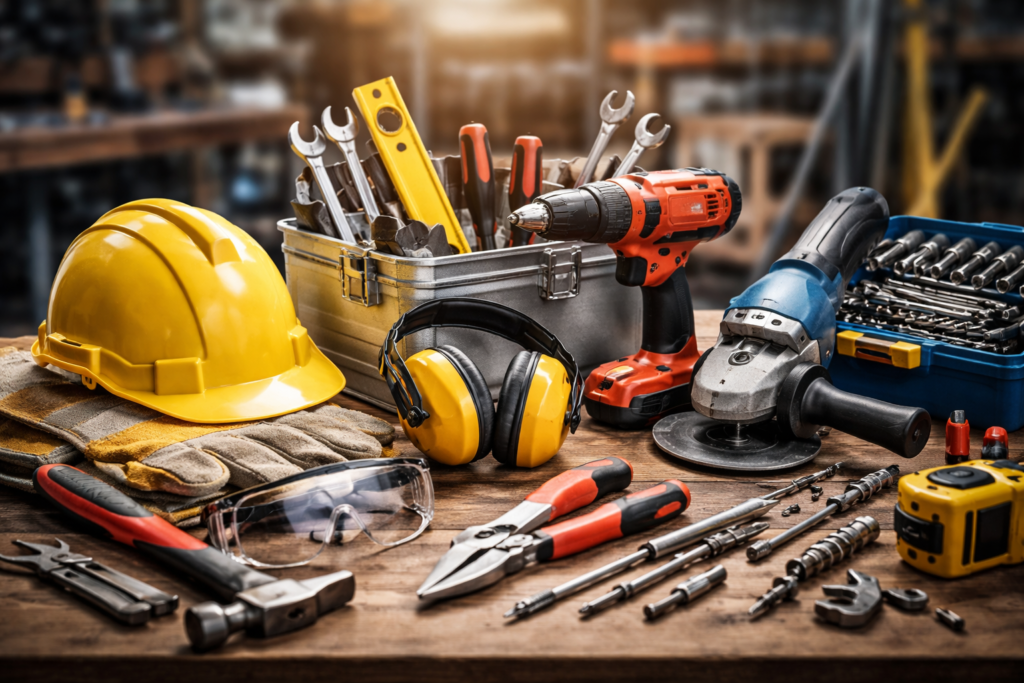Tools and safety gear on workbench