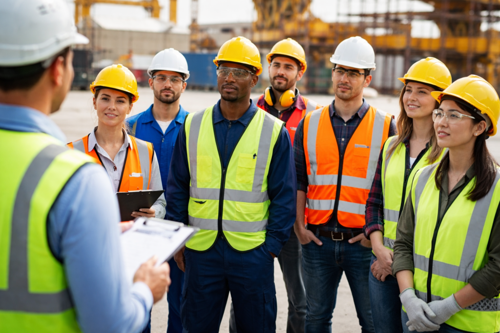 Construction team briefing on site