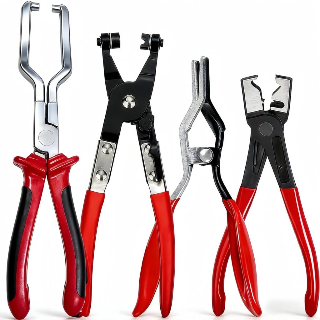 Professional Hose Clamp Kit 4Pcs, Fuel Line Pliers Set, Includes Disconnecting Pliers, Crimping Plier, Cutting Plier, And Wire Strippers for Tackle Wiring, Electrical Repairs, Auto Maintenance (4)